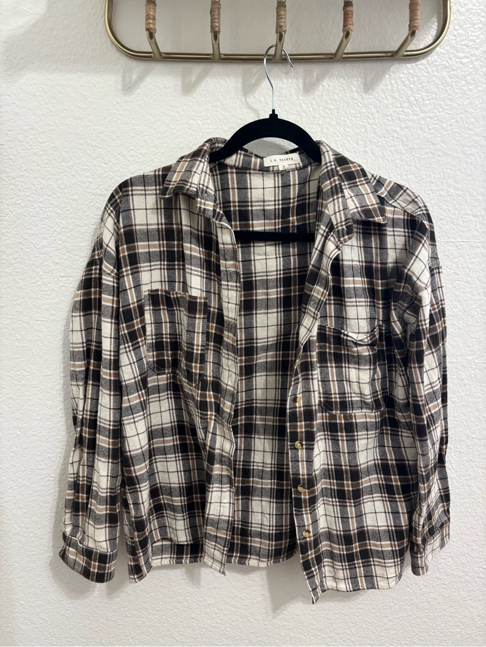 LA HEARTS Women's Brown Plaid Button-Front Flannel